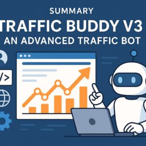 Иллюстрация робота, анализирующего рост веб-трафика на экране компьютера, представляющий расширенные функции Traffic Buddy V3, передовый дорожный бот
