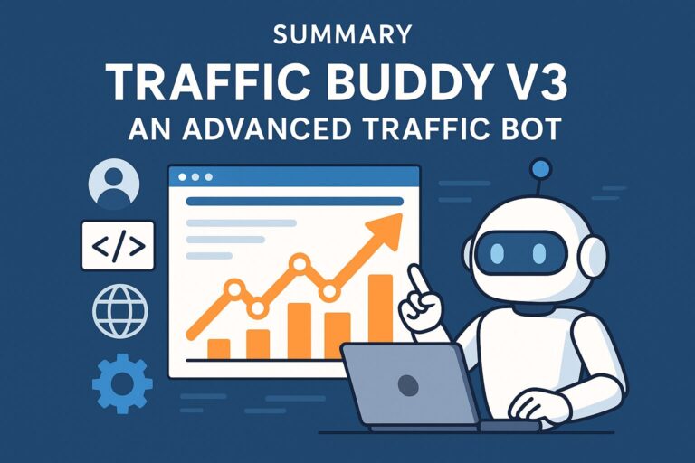 Illustration of a robot analyzing web traffic growth on a computer screen, representing the advanced features of Traffic Buddy V3, a cutting-edge traffic bot