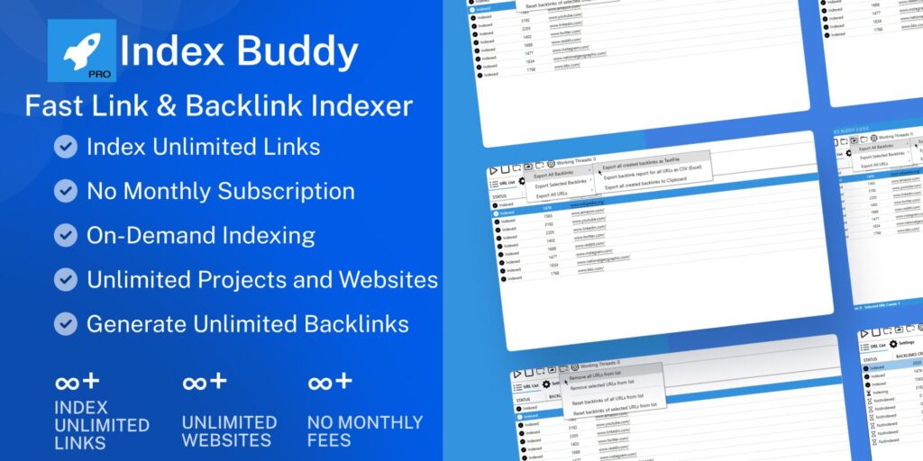 Index Buddy: Найшвидший індекс миттєвих посилань для індексації зворотних посилань у 2025 році 1 Index Buddy: Програмне забезпечення для індексування швидкого посилання