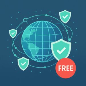 Illustration of a globe encircled by network nodes and shield icons, symbolizing global internet access and privacy, featuring a prominent 'FREE' badge in a cool blue and green palette, for a free public proxy list website.