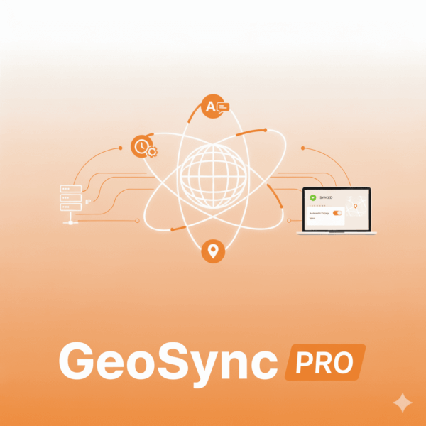 Image du produit GeoSync PRO illustrant comment un proxy IP est utilisé pour synchroniser automatiquement le fuseau horaire, la langue et la géolocalisation d'un navigateur pour une authenticité parfaite du profil.