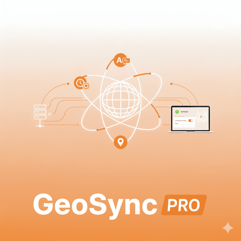 GeoSync PRO product image illustrating how a proxy IP is used to automatically sync a browser's timezone, language, and geolocation for perfect profile authenticity.