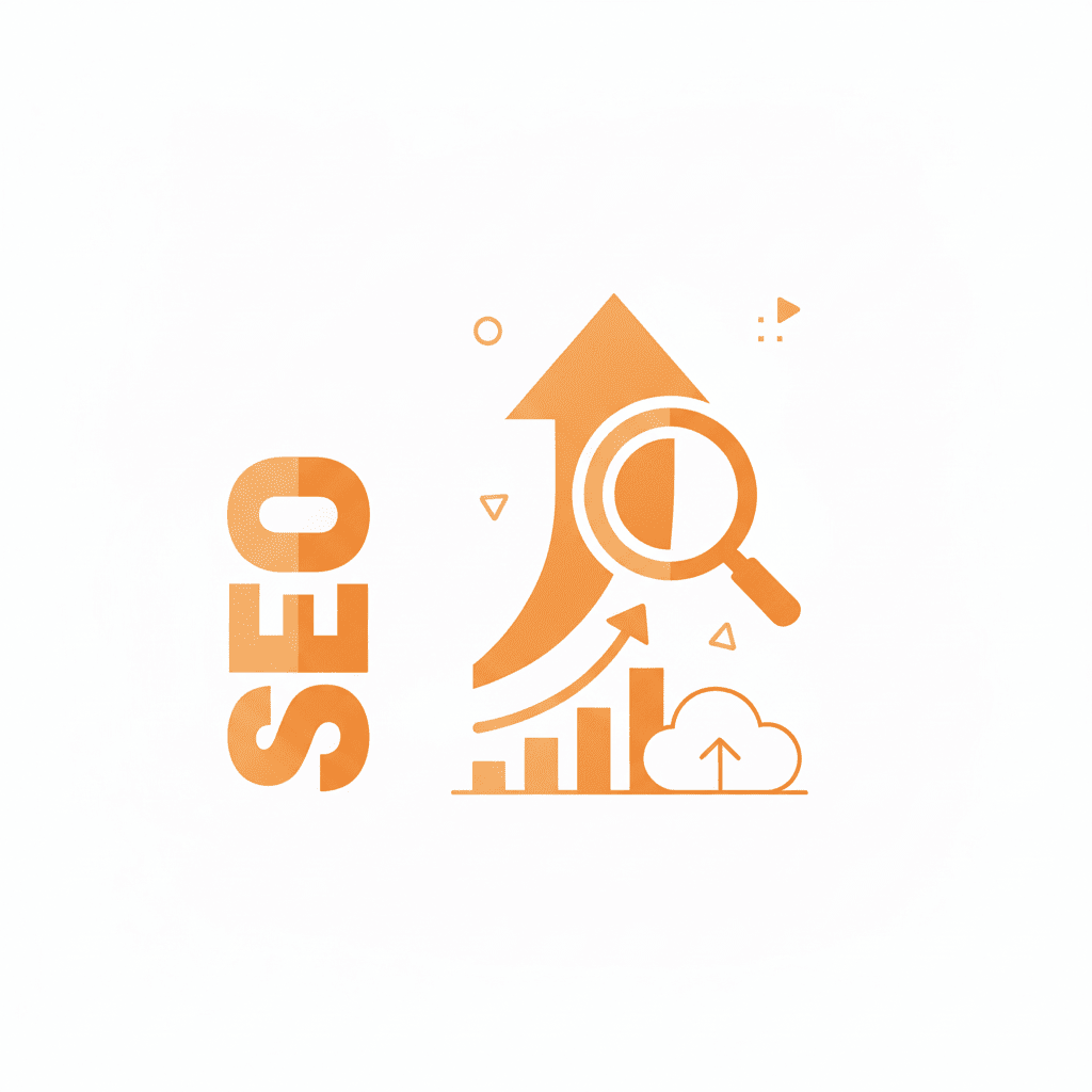 معلومات عنا 1 رسم توضيحي أبيض وبرتقالي يظهر SEO والنمو