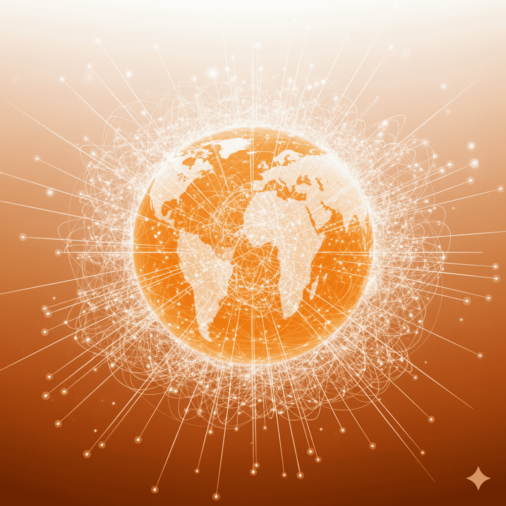 Novos proxies atualizados a cada minuto: Lista de procuração gratuita 2025 1 Imagem abstracta de um mundo proxy rede em laranja e branco